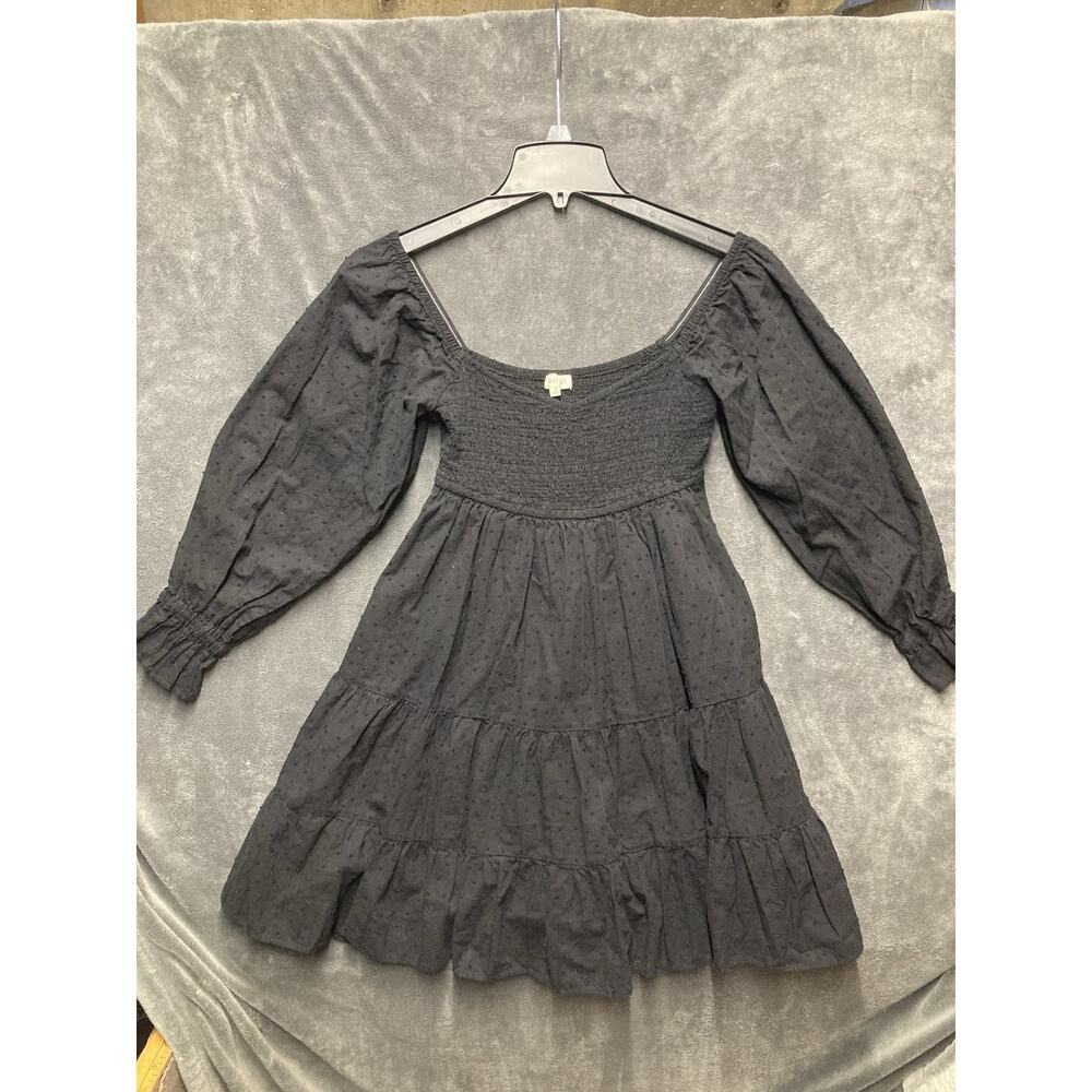 Babydoll Smocked Bodice Tiered Black Puff Slv Dress Sz S Swiss Dot Renaissance